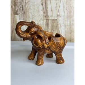 Vintage‎ Ceramic Elephant Figurine Brown Shiny Glaze Ashtray Planter